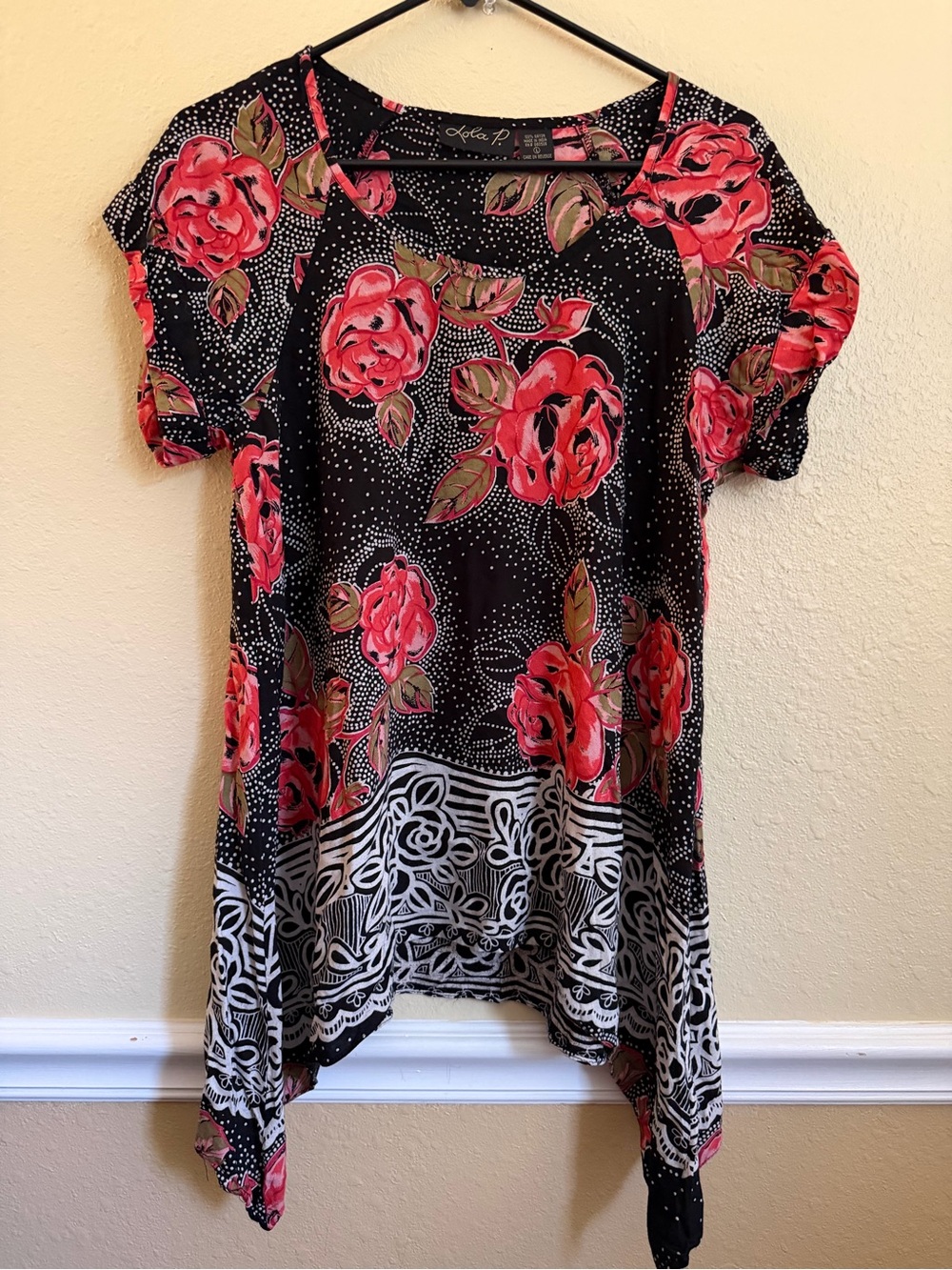 lola Black Tunic with Pink Rose Border Print
